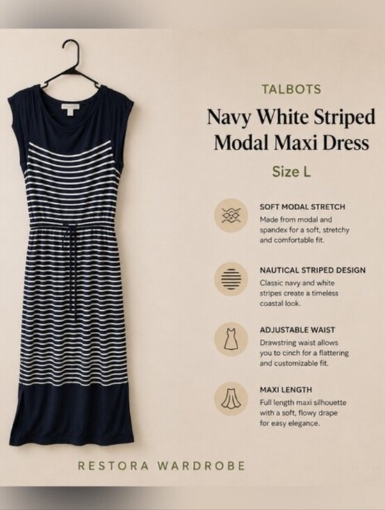 Talbots Dresses & Skirts - Talbots Preppy Navy White Striped Modal Maxi Dress Drawstring Waist L
